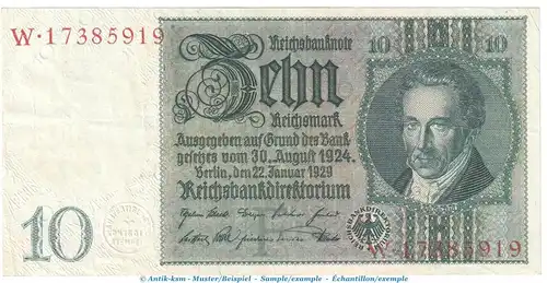 Reichsbanknote , 10 Mark Schein -F 2- in gbr. DEU-183.a, Ros.173, P.180 , vom 22.01.1929 , Weimarer Republik - Reichsbank