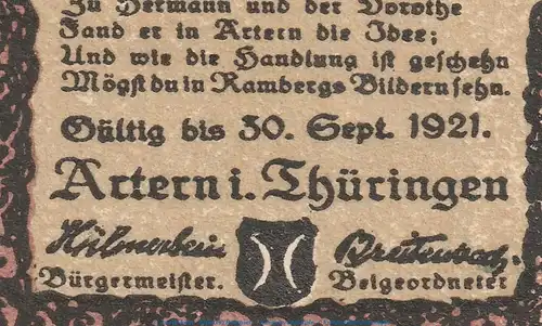 Notgeld Stadt Artern 46.2 , 50 Pfennig Schein Nr.2 -bis 30.09.1921- in kfr von 1921 , Thüringen Seriennotgeld