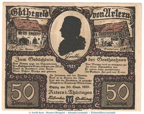 Notgeld Stadt Artern 46.2 , 50 Pfennig Schein Nr.2 -bis 30.09.1921- in kfr von 1921 , Thüringen Seriennotgeld