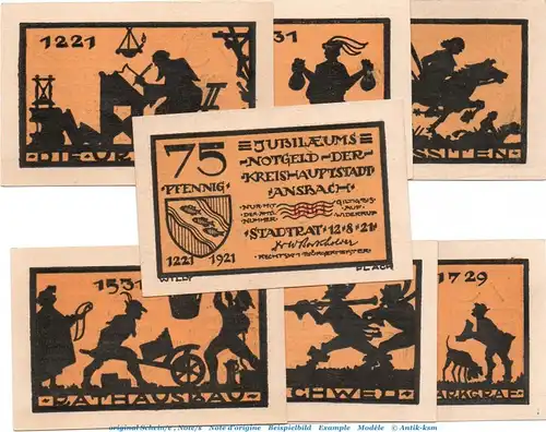 Notgeld Stadt Ansbach 35.1.a , Set mit 7 Scheinen in kfr. Kn rot , von 1921 , Bayern Seriennotgeld