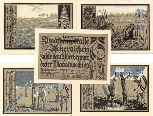 Notgeld Aschersleben , Set mit 5 Scheinen , Vs. ohne blau , Mehl Grabowski 50.7 , von 1921 , Sachsen Anhalt Seriennotgeld