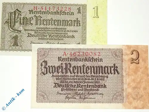 Rentenbanknote , 1 und 2 Mark Schein , DEU-222 und 3 , Ros 166 und 7 , P173 und 4 , Banknoten von 1937 , deutsche Rentenbank