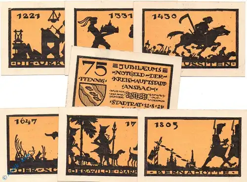 Notgeld Ansbach , Set mit 7 Scheinen , Mehl Grabowski 35.1 b , Kn = schwarz , von 1921 , Bayern Seriennotgeld