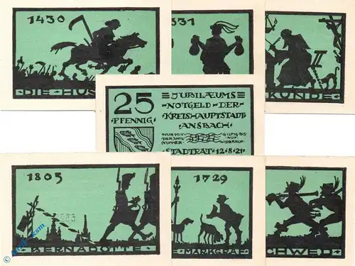 Notgeld Ansbach , Set mit 7 x 25 Pfennig , Mehl Grabowski 35.1 b , Kn = schwarz , von 1921 , Bayern Seriennotgeld