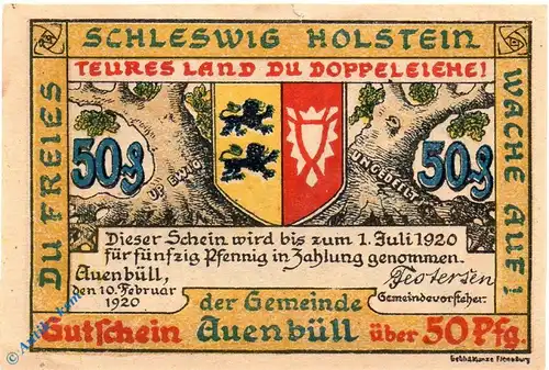 Notgeld Auenbüll , 50 Pfennig Schein , Löwe schwarz , Mehl Grabowski 52.3 b , von 1920 , Dänisch Nordschleswig Seriennotgeld