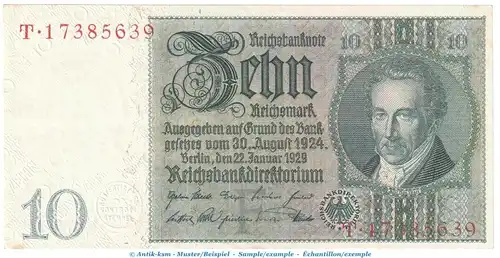 Reichsbanknote , 10 Mark Schein -F 2- in kfr. DEU-183.a, Ros.173, P.180 , vom 22.01.1929 , Weimarer Republik - Reichsbank