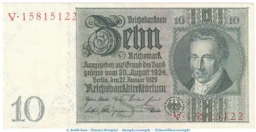 Reichsbanknote , 10 Mark Schein -S 2- in kfr. DEU-183.a, Ros.173, P.180 , vom 22.01.1929 , Weimarer Republik - Reichsbank