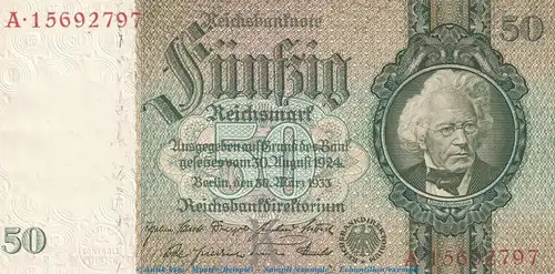 Reichsbanknote , 50 Mark Schein -K- in kfr. DEU-210.b, Ros.175, P.182 , vom 30.03.1933 , deutsches Reich - Reichsbank