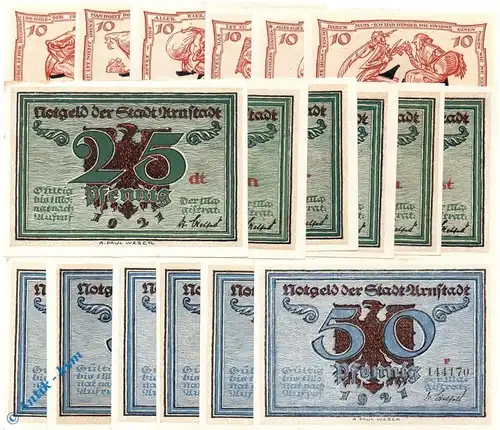 Notgeld Arnstadt , 3 Sets mit 18 Scheinen kfr. Mehl Grabowski 43.1 bis 3 , von 1921 , Thüringen Seriennotgeld