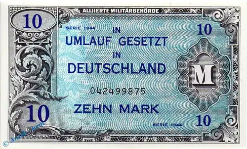 Banknote , 10 Mark Schein in kfr. US Druck , AMB-4 a , Ros. 203 a , P 194 , von 1944 , Alliierte Militärbehörde