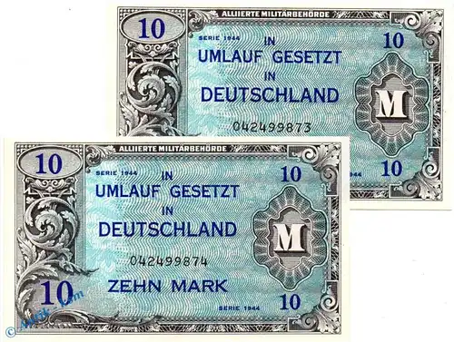 2 x Banknote , 10 Mark Schein in kfr. Kn fortlaufend , US Druck , AMB-4 a , P 194 , von 1944 , Alliierte Militärbehörde