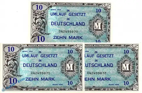 3 x Banknote , 10 Mark Schein in kfr. Kn fortlaufend , US Druck , AMB-4 a , P 194 , von 1944 , Alliierte Militärbehörde