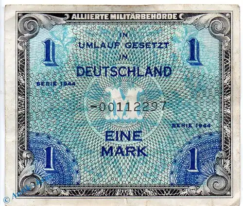 Alliierte Banknote , 1 Mark Schein in gbr. US-Ersatznote , AMB-2 b , Rosenberg 201 b , P 192 , von 1944 , Alliierte Militärbehörde
