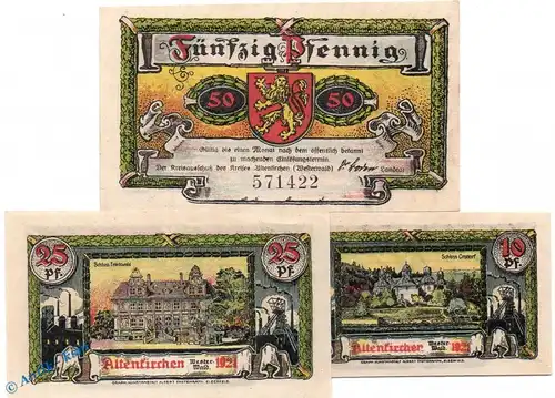 Notgeld Altenkirchen , Set mit 3 Scheinen ohne A in kfr. Mehl Grabowski 24.1.a , von 1921 , Rheinland Seriennotgeld