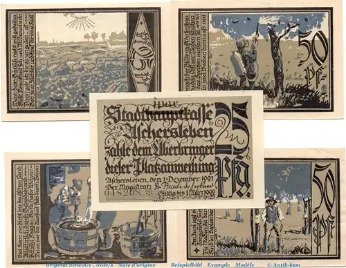 Notgeld Stadt Aschersleben 50.6 , Set mit 5 Scheinen in kfr. von 1921 , Sachsen Anhalt Seriennotgeld