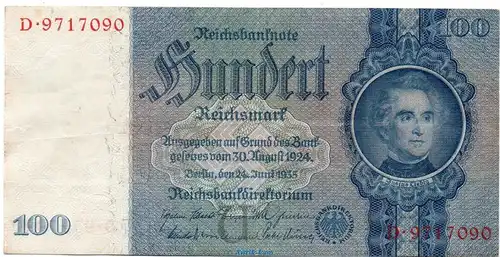 Reichsbanknote , 100 Mark Schein U-D in gbr. DEU-211,  Ros.176, P.183, vom 24.06.1935 , Drittes Reich