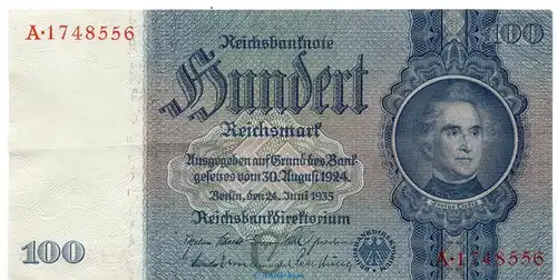 Reichsbanknote , 100 Mark Schein C-A in gbr. DEU-211, Ros.176, P.183, vom 24.06.1935 , Drittes Reich