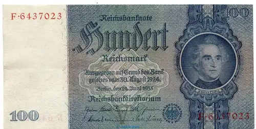 Reichsbanknote , 100 Mark Schein V-F in gbr. DEU-211, Ros.176, P.183, vom 24.06.1935 , Drittes Reich