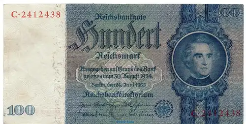 Reichsbanknote , 100 Mark Schein C-C in gbr. DEU-211, Ros.176, P.183, vom 24.06.1935 , Drittes Reich