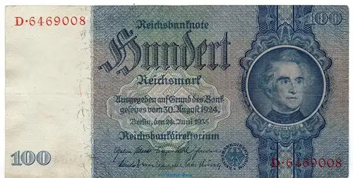 Reichsbanknote , 100 Mark Schein D-D in gbr. DEU-211, Ros.176, P.183, vom 24.06.1935 , Drittes Reich