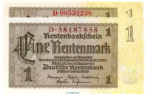 Reichsbanknote , 1 Rentenmark Schein -KN braun- in kfr. DEU-222.F, Ros.166, P.173 vom 30.01.1937 , drittes Reich - Rentenbank