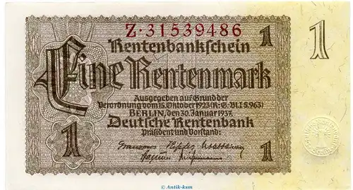 Reichsbanknote , 1 Rentenmark Schein -KN braun- in kfr. DEU-222.F, Ros.166, P.173 vom 30.01.1937 , drittes Reich - Rentenbank