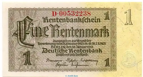 Reichsbanknote , 1 Rentenmark Schein in kfr. DEU-222.c, Ros.166, P.173 vom 30.01.1937 , drittes Reich - Rentenbank