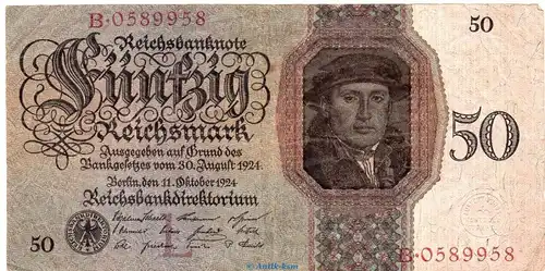 Reichsbanknote , 50 Mark Schein -L- in gbr. DEU-176.a, Ros.170, P.177 vom 11.10.1924 , deutsche Reichsbank