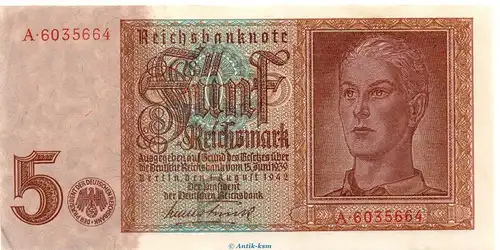 Reichsbanknote , 5 Mark Schein in gbr. DEU-220.a, Ros.179, P.186 , vom 01.08.1942 , 3. Reich - Reichsbank