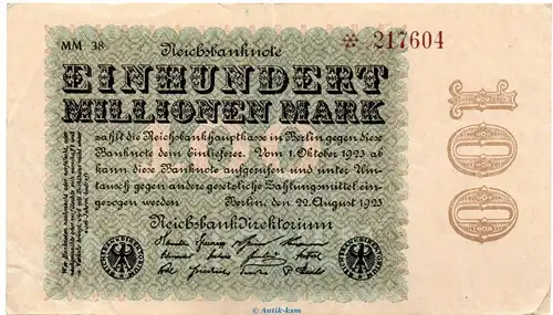Reichsbanknote , 100 Millionen Mark Schein in gbr. DEU-120.o, Ros.106, P.107 , vom 22.08.1923 , Weimarer Republik - Inflation