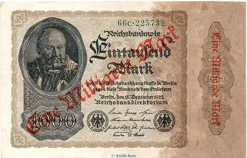 Reichsbanknote , 1 Milliarde Überdr. ORANGE in L-gbr. DEU-126.F.e, Ros.110, P.113 vom 15.12.1922 , Weimarer Republik - Inflation