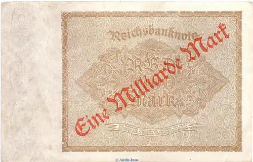 Reichsbanknote , 1 Milliarde Überdr. ORANGE in L-gbr. DEU-126.F.e, Ros.110, P.113 vom 15.12.1922 , Weimarer Republik - Inflation