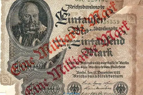 Reichsbanknote , 1 Milliarde Überdr. ORANGE in L-gbr. DEU-126.F.e, Ros.110, P.113 vom 15.12.1922 , Weimarer Republik - Inflation