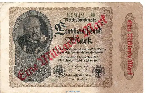 Reichsbanknote , 1 Milliarde Mark Überdr. in gbr. DEU-126.c, Ros.110, P.113 , vom 15.12.1922 , Weimarer Republik - Inflation