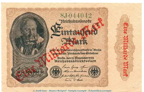 Reichsbanknote , Überdruck 1 Milliarde Mark Schein in gbr. DEU-127.a, Ros.110, P.113 , von 1922-23 , Weimarer Republik - Inflation