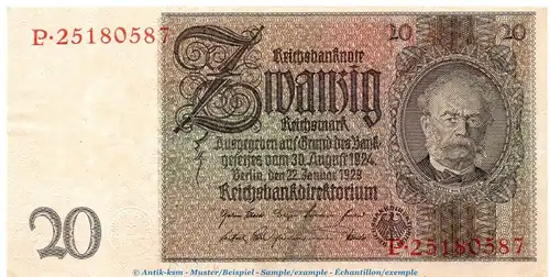 Reichsbanknote , 20 Mark Schein Z , L-P , in f.kfr. DEU-184.a, Ros.174, P.181 , vom 22.01.1929 , Weimarer Republik - Reichsbank