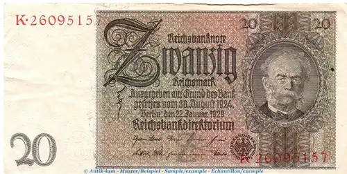 Reichsbanknote , 20 Mark Schein Z , F-P , in gbr. DEU-184.a, Ros.174, P.181 , vom 22.01.1929 , Weimarer Republik - Reichsbank