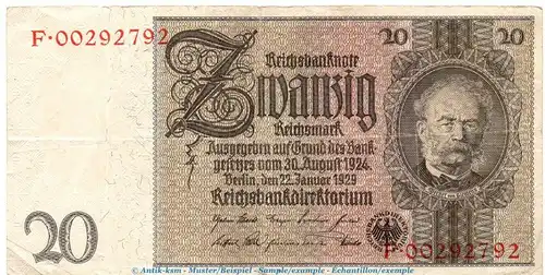 Reichsbanknote , 20 Mark Schein -Kriegsdruck- in gbr. DEU-184.c , Ros.174, P.181 , vom 22.01.1929 , Weimarer Republik - Reichsbank