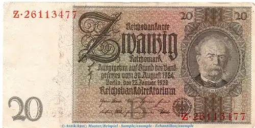 Reichsbanknote , 20 Mark Schein B , B-Z , in gbr. DEU-184.a, Ros.174, P.181 , vom 22.01.1929 , Weimarer Republik - Reichsbank