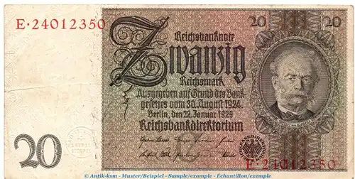 Reichsbanknote , 20 Mark Schein -C 1- in gbr. DEU-184.a, Ros.174, P.81 , vom 22.01.1929 , Weimarer Republik - Reichsbank