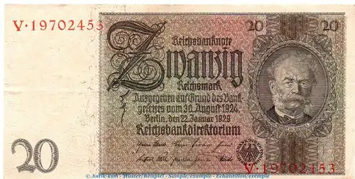 Reichsbanknote , 20 Mark Schein C , V-Z , in gbr. DEU-184.a, Ros.174, P.181 , vom 22.01.1929 , Weimarer Republik - Reichsbank