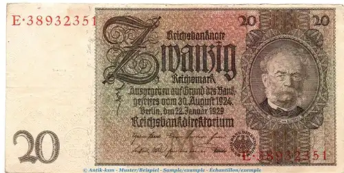 Reichsbanknote , 20 Mark Schein M , B-G , in gbr. DEU-184.a, Ros.174, P.181 , vom 22.01.1929 , Weimarer Republik - Reichsbank