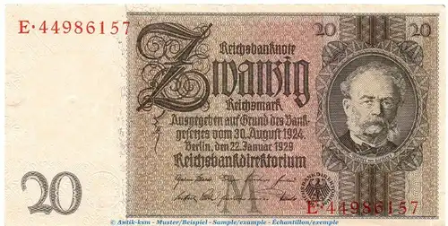 Reichsbanknote , 20 Mark Schein M , B-G , f-kfr. DEU-184.b, Ros.174, P.181 , vom 22.01.1929 , Weimarer Republik - Reichsbank