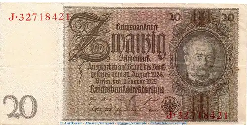 Reichsbanknote , 20 Mark Schein -M 3- in gbr. DEU-184.b, Ros.174, P.81 , vom 22.01.1929 , Weimarer Republik - Reichsbank