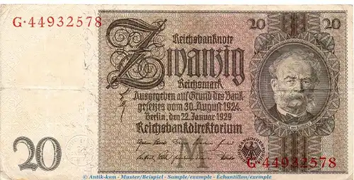 Reichsbanknote , 20 Mark Schein -M 2- in gbr. DEU-184.b, Ros.174, P.81 , vom 22.01.1929 , Weimarer Republik - Reichsbank