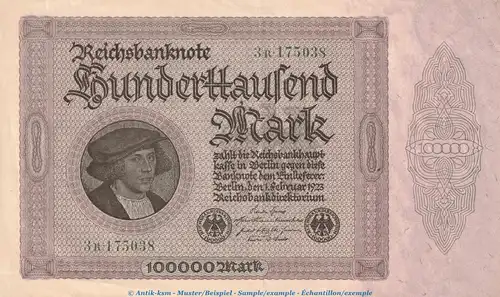 Reichsbanknote , 100.000 Mark Schein in f.kfr. DEU-93.d, Ros.82, P.83 , vom 01.02.1923 , Weimarer Republik - Inflation