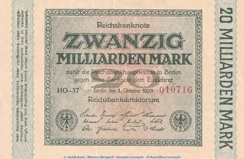 Reichsbanknote , 20 Milliarden Mark -Rauten- in f-kfr. DEU-137.e, Ros.115, P.118 , vom 01.10.1923 , Weimarer Republik - Inflation