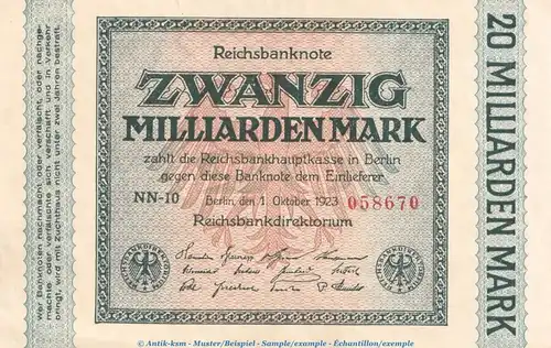Reichsbanknote , 20 Milliarden Mark -Ringe- in kfr. DEU-137.c, Ros.115, P.118 , vom 01.10.1923 , Weimarer Republik - Inflation