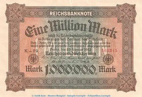 Reichsbanknote , 1 Million Mark Schein in f-kfr. DEU-96.a, Ros.85, P.86 vom 20.02.1923 , Weimarer Republik
