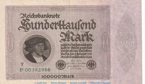 Reichsbanknote , 100.000 Mark Schein mit -T- in gbr. DEU-93.c, Ros.82, P.83 , vom 01.02.1923 , Wemarer Republik - Inflation Bundesbank